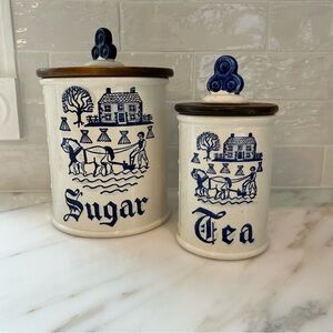 Blue and White Ceramic Sugar and Tea Canister Set Vintage by Metlox